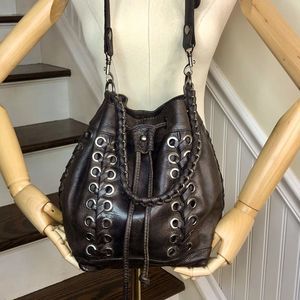 PATRICIA NASH Brown Leather Grommet Woven Leather Tote Crossbody Bucket Bag